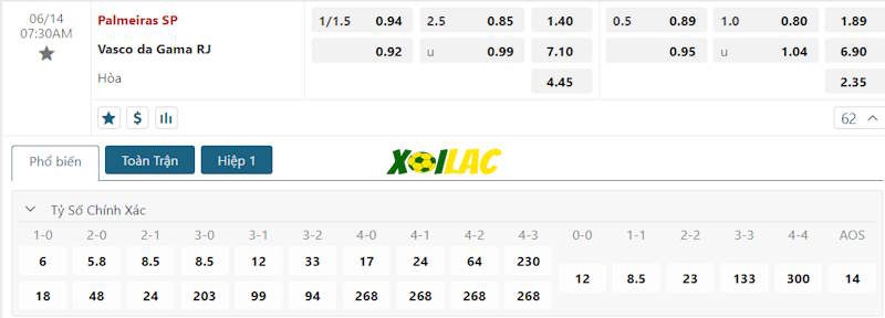Soi kèo Palmeiras SP vs Vasco Da Gama 14/06/2024 – Tỷ lệ kèo