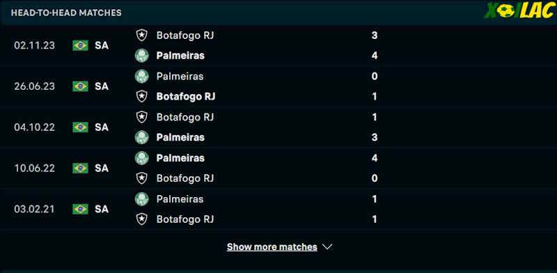 Thành tích đối đầu Botafogo RJ vs Palmeiras 