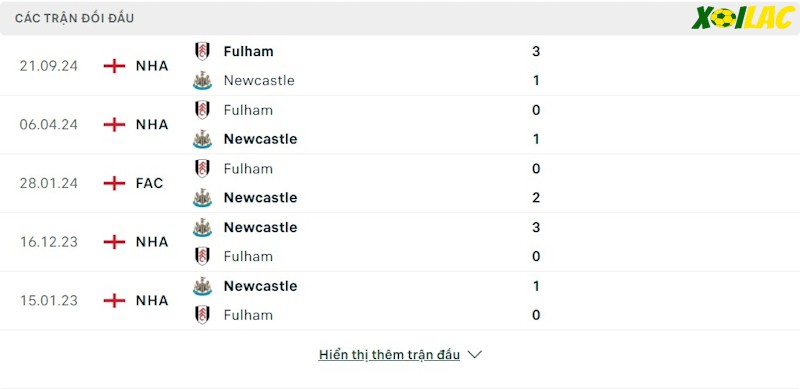 Thành tích đối đầu Newcastle vs Fulham 