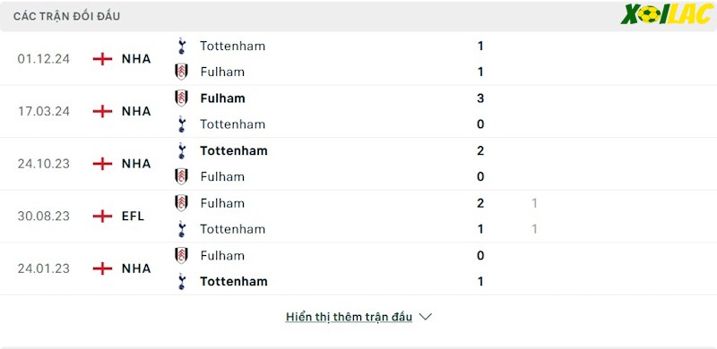 Thành tích đối đầu Fulham vs Tottenham 